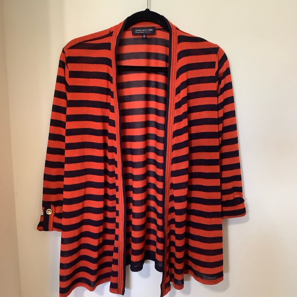 JONES NEW YORK: Orange & Navy Striped Cardigan